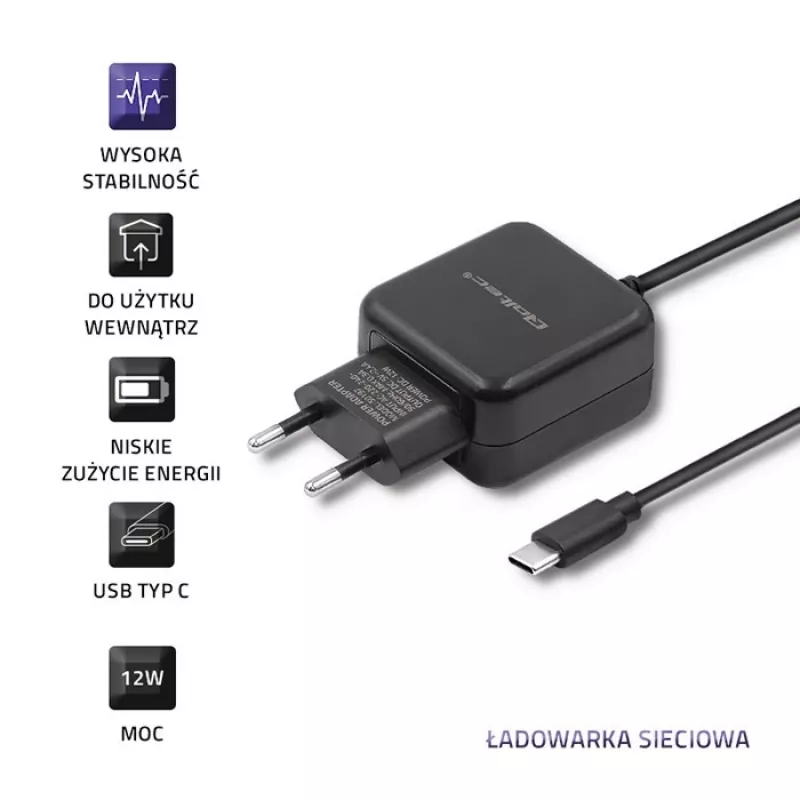Qoltec 50197 Vidinis įkroviklis su USB Type-C laidu, 5V/2.4A, 12W