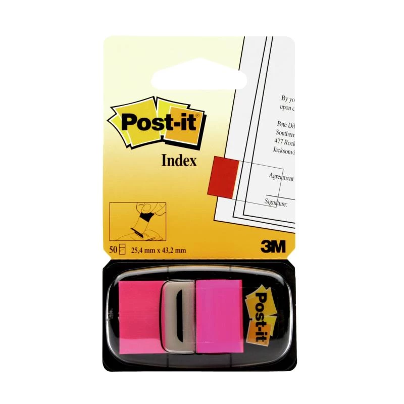 3M Post-it Index rožinė, siaura, 50 lipnių juostelių, 25,4 x 43,2 mm, vienkartiniame dozatoriuje (I680-21)