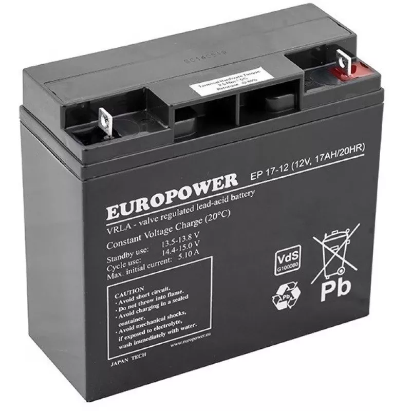Švino rūgšties AGM baterija europower EP Series 12V 17Ah – tarnavimo laikas 6–9 metai