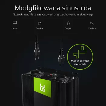 Automobilinis keitiklis Green Cell INV10 2000 W, 12 V DC į 230 V AC, C tipo išėjimas, 50 Hz, juodas