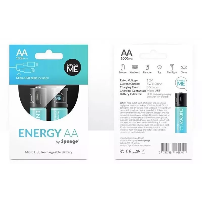 Sponge Energy AAA įkraunama baterija su Micro-USB 450 mAh