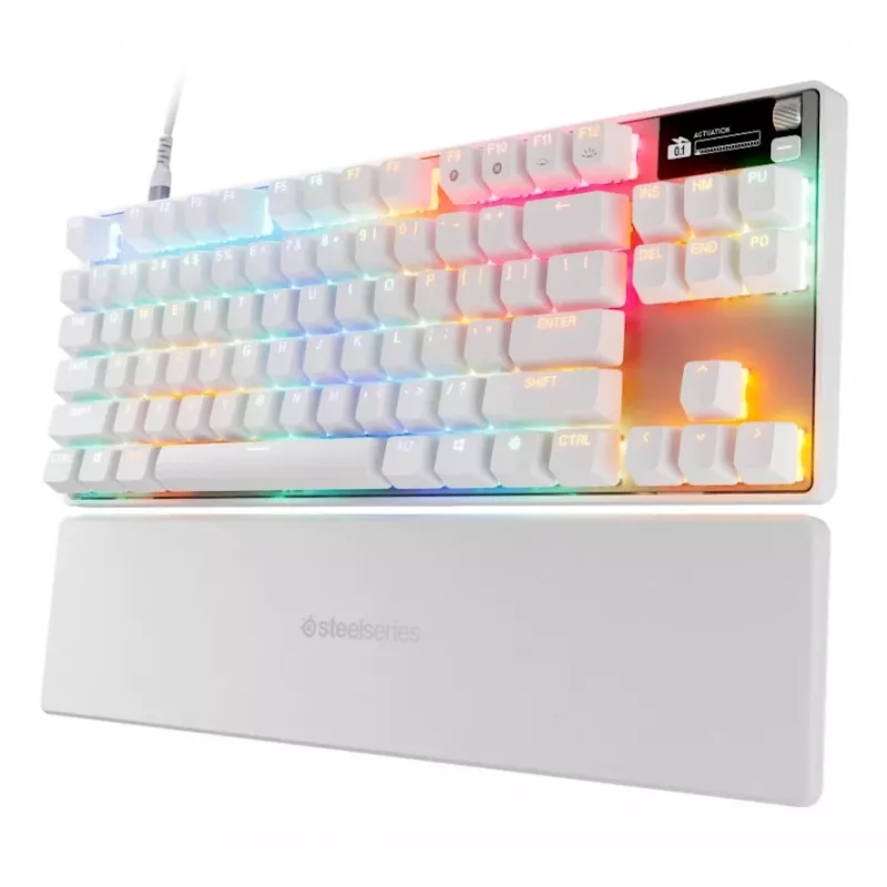 Mechaninė žaidimų klaviatūra TKL STEELSERIES Apex Pro TKL Gen 3 White — US išdėstymas, RGB, reguliuojami jungikliai