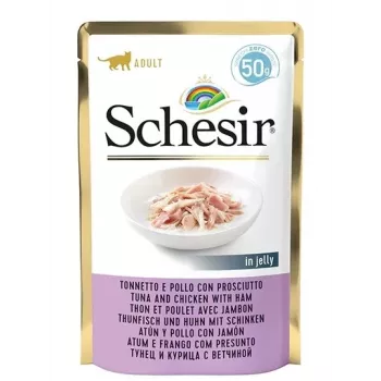 Šlapias kačių maistas SCHESIR su tunu, vištiena ir kumpiu drebučiuose - 50 g