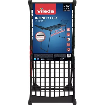 Džiovinimo stovas VILEDA Infinity Flex Ultimate Telescopic — juodas, dengtas aliuminis, 30 m džiovinimo erdvė, sulankstomas, su ratukais
