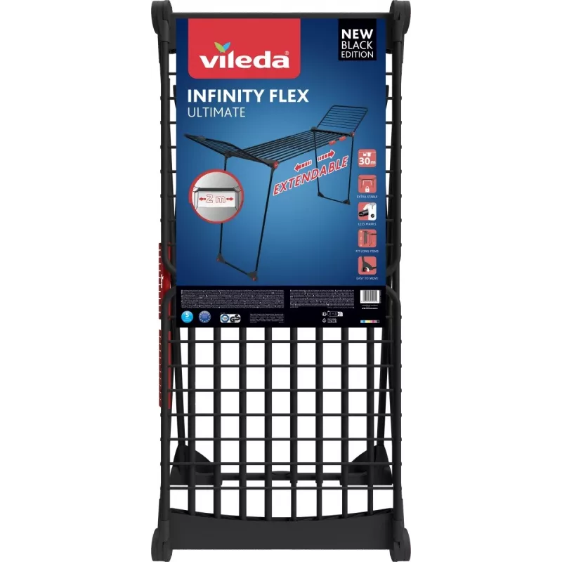 Džiovinimo stovas VILEDA Infinity Flex Ultimate Telescopic — juodas, dengtas aliuminis, 30 m džiovinimo erdvė, sulankstomas, su ratukais
