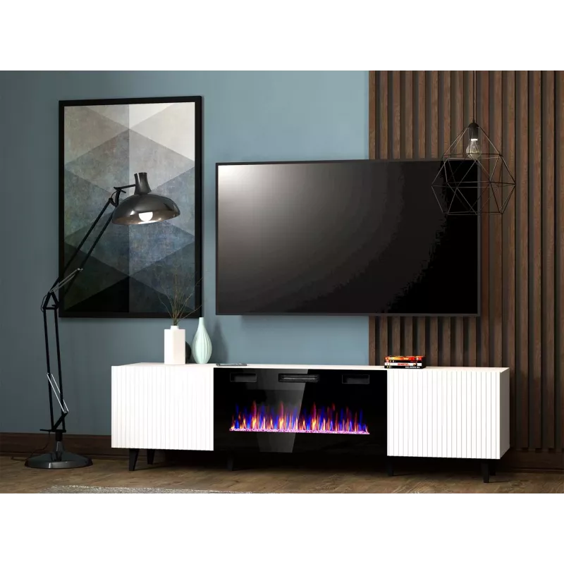 Spintelė televizoriui Cama Meble PAFOS EF su elektriniu židiniu 180×42×49 cm, balta matinė