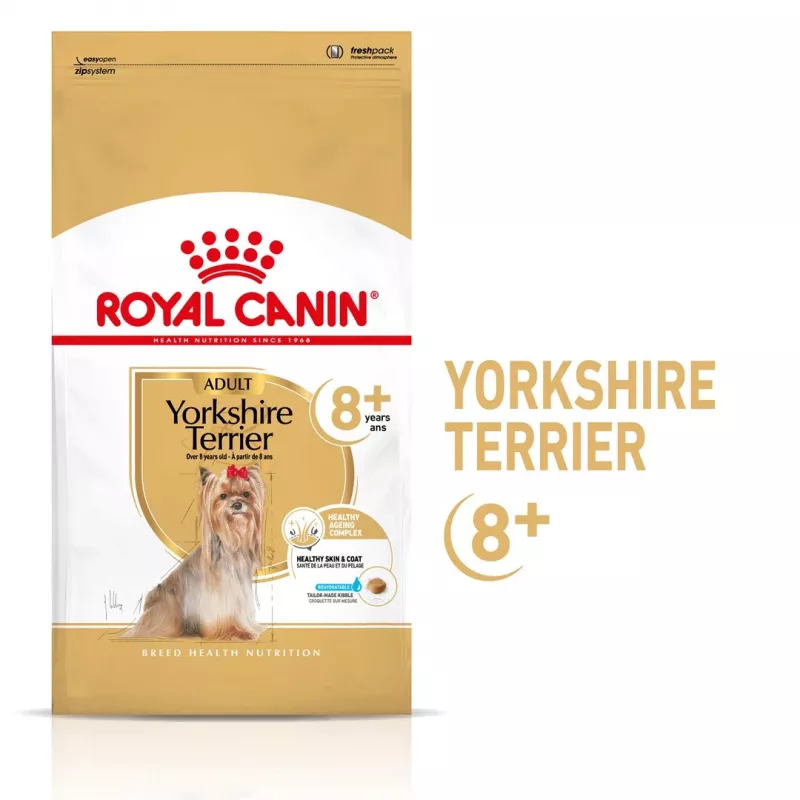 Sausas šunų maistas Royal Canin Yorkshire Terrier 8+ 1,5 kg – paukštiena, vyresniems mažiems šunims, 29% baltymų, 18% riebalų