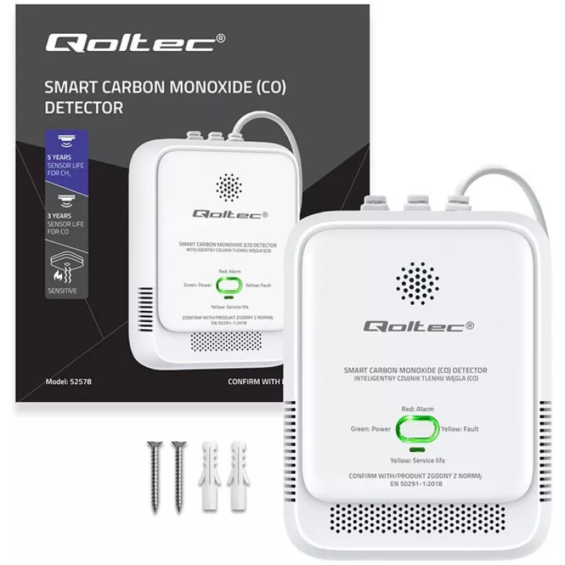 Anglies monoksido detektorius QOLTEC 52576 – CO jutiklis, 85 dB aliarmas