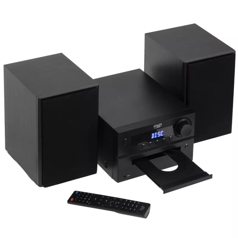 Mini Hi-Fi stereo sistema Adler AD 1917 – Bluetooth 5.3, CD/USB/MP3, 2×25 W RMS, FM imtuvas, 4 juostų ekvalaizeris, AUX, juoda