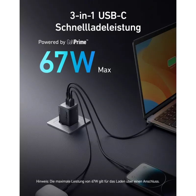 Vidinis USB greitojo įkrovimo adapteris Anker Prime A2669313 — 67 W, 1×USB-A, 2×USB-C, juodas