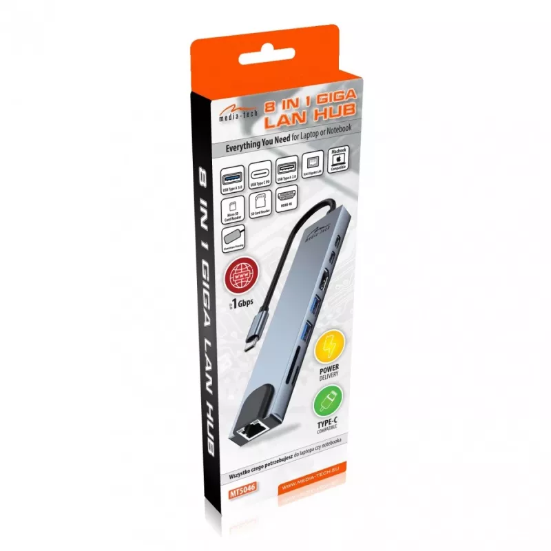 MEDIA-TECH USB 8 IN 1 GIGA LAN HUB MT5046