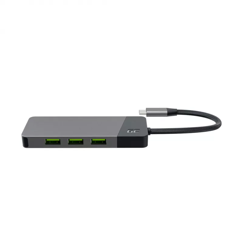 USB Type-C stotelė Green Cell HUBGC01 — 7 prievadai: 3×USB-A 3.2 Gen 1, 1×USB-C 3.2 Gen 1, HDMI, microSD+SD kortelių skaitytuvas — sidabrinė