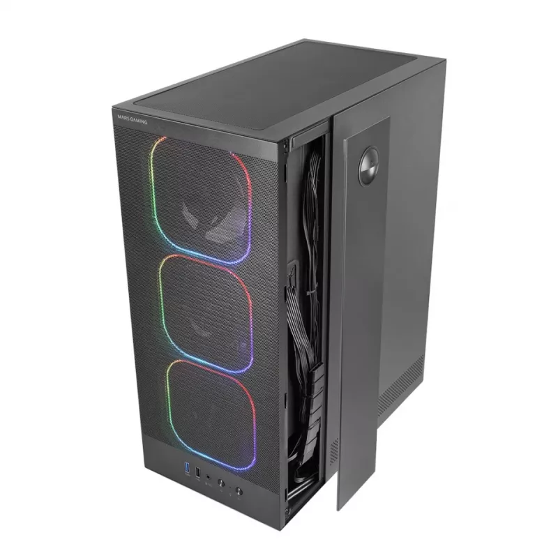 Korpusas TACENS MARS MC‑NEBULA Midi Tower su grūdintu stiklu, keturiais 120 mm aRGB ventiliatoriais, palaiko ATX, GPU iki 30,2 cm
