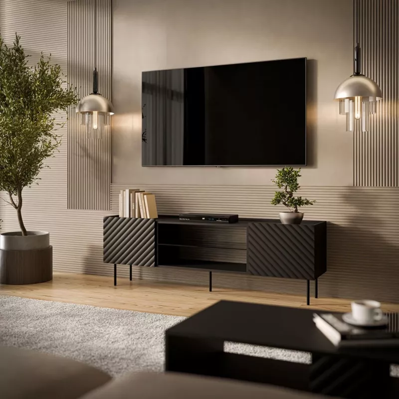 TV spintelė Cama Meble LUCCA 180x40x59 cm, juoda medžio drožlių plokštės viršus, juodas rėmas