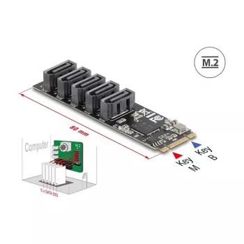 Vidinis SATA adapteris DELOCK 64241 M.2 (Key B+M) į 5x SATA su JMicron JMB585, LED indikatoriais, skirtas PC