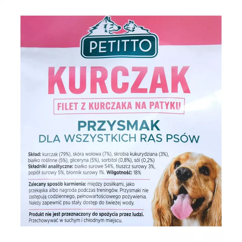 Šunų skanėstai PETITTO vištienos filė ant lazdelės 500 g – paukštienos dietinis užkandis, 500 g plastikinė pakuotė