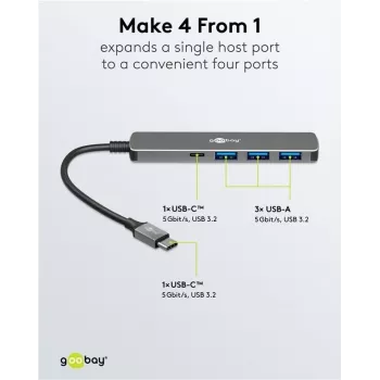 Goobay Slim 4-Port USB-Hub USB-C / USB-A 5 Gbit/s - USB 3.2 lizdas (79158)