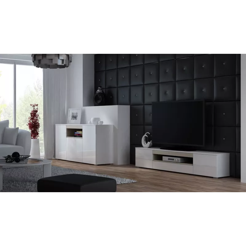 Sideboard Cama Meble VIVA 150 balta/balta blizgi ir sonoma ąžuolas, 3 durys, 5 lentynos, 1500×450×800 mm