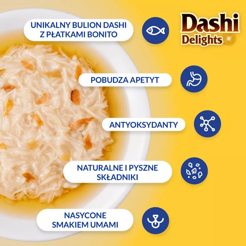 INABA Dashi Delights vištiena, tunas ir lašišos sultinys – skanėstas katėms – 70g