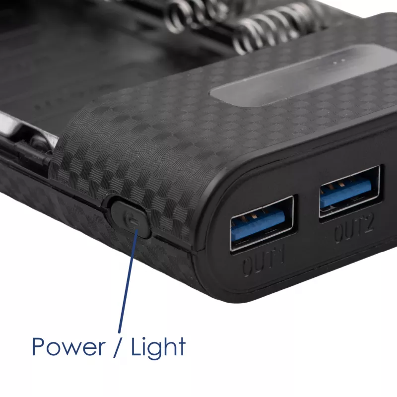 Akyga AK-BC-04 išorinės baterijos korpusas 8x 18650 Li-Ion elementams, 18 W, USB-C + 2x USB-A, LED žibintuvėlis, juodas