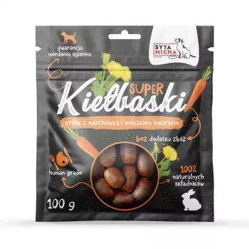 SYTA MICHA Great sausages su triušiu, morka ir kiaulpiene – šunų skanėstas – 100g