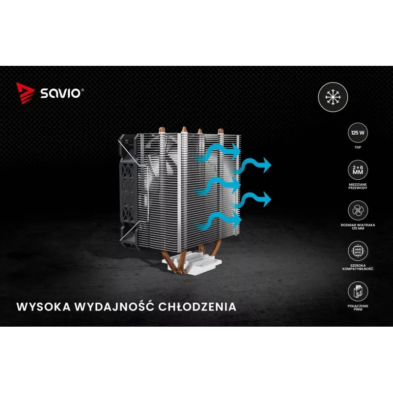 Aušintuvas SAVIO SAVGCOFROSTX2 120 mm juodas, 2 šilumos vamzdeliai, 800–1800 RPM, 4 kontaktų