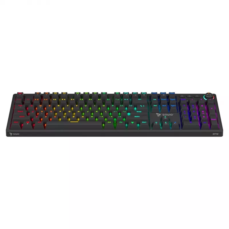Žaidimų klaviatūra SAVIO STYX BROWN – mechaninė Outemu Brown, QZERTY US International, RGB, USB, pilno dydžio 104 klavišai, juoda