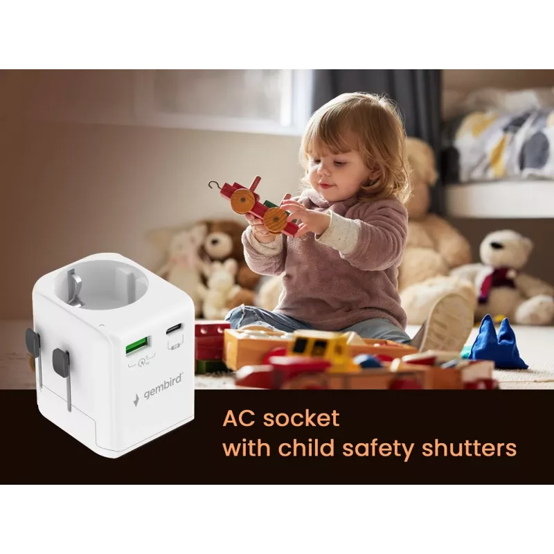 Keliaujantis maitinimo adapteris GEMBIRD TPA-EU1A1C20-01-W 20W, USB-A 18W + USB-C 20W, Schuko kištukas, įėjimas 100–250V