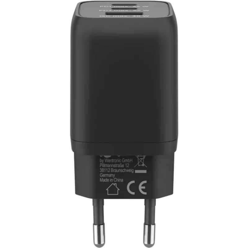 USB-C greitas įkroviklis Nano, PD, GaN, 65 W, USB-C pintas laidas (juodas, 1x USB-A, 2x USB-C PD, Quick Charge 3.0, 1 m laidas)