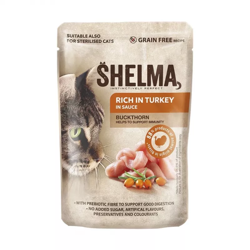 Šlapias kačių ėdalas suaugusioms katėms SHELMA multipack 4×85 g – vištiena, kalakutiena, jautiena, antis, be grūdų
