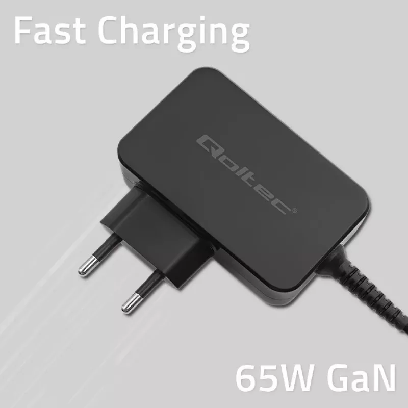 Qoltec 52386 GaN POWER PRO įkroviklis | 1xUSB-C | 65W | 5-20V | 3-3.25A | Juodas