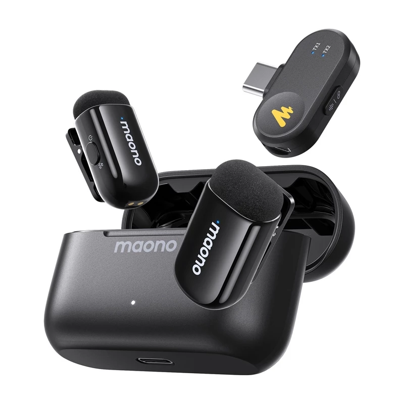 Belaidis mikrofonų rinkinys MAONO WM622 PC2, 2 siųstuvai, USB-C imtuvas, įkrovimo dėklas, 48 kHz/16 bitų, 360° omnikryptis, iki 100 m veikimo atstumas
