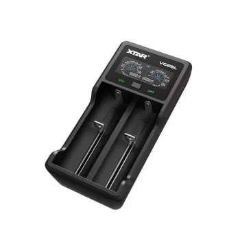 Įkroviklis akumuliatoriams XTAR VC2SL – USB 5V 1A, LCD, krauna 2 elementus, suderinamas Li‑Ion/NiMH/NiCd, dydžiai A/AA/AAA/AAAA/C/D/SC, juodas
