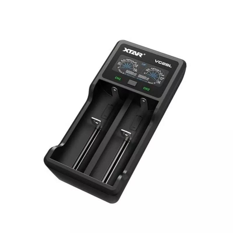 Įkroviklis akumuliatoriams XTAR VC2SL – USB 5V 1A, LCD, krauna 2 elementus, suderinamas Li‑Ion/NiMH/NiCd, dydžiai A/AA/AAA/AAAA/C/D/SC, juodas