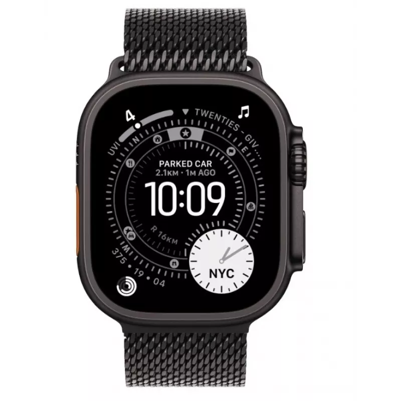 Išmanusis laikrodis Apple Watch Ultra 3 GPS + Cellular 49mm Titaninis korpusas juodos spalvos su juodu titaniniu Milanese apyranke, vidutinio dydžio
