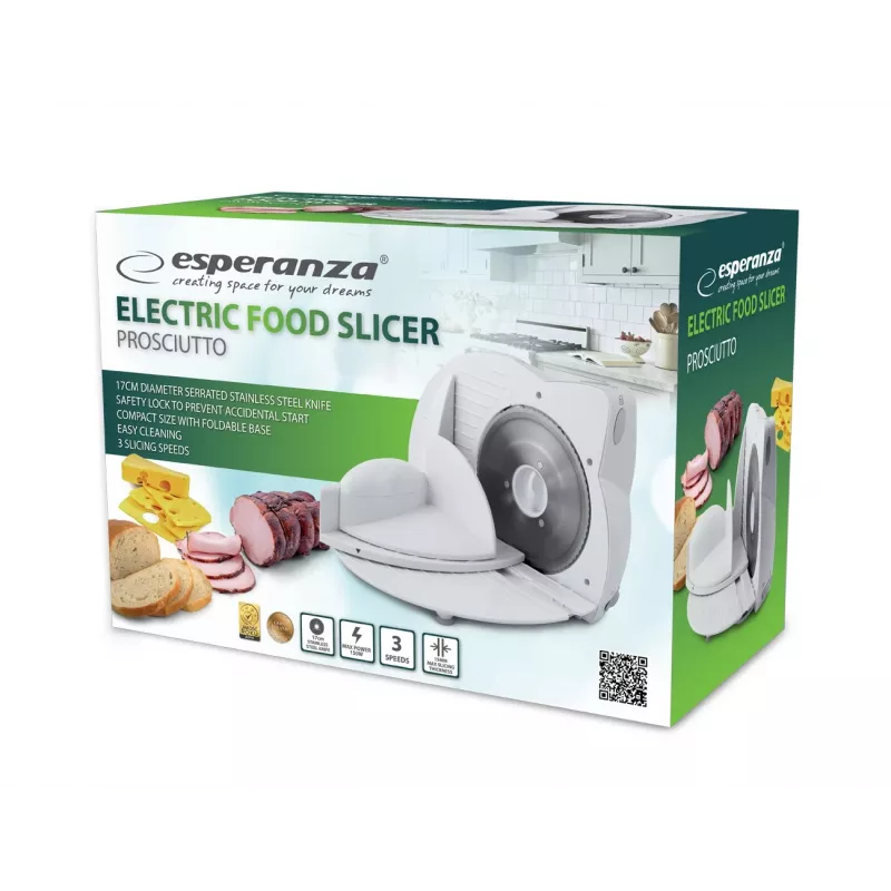 Elektrinė pjaustyklė ESPERANZA EKM017W – 150 W, 17 cm nerūdijančio plieno peilis, maks. pjūvis 15 mm, nerūdijančio plieno spalva, plastikinis korpusas