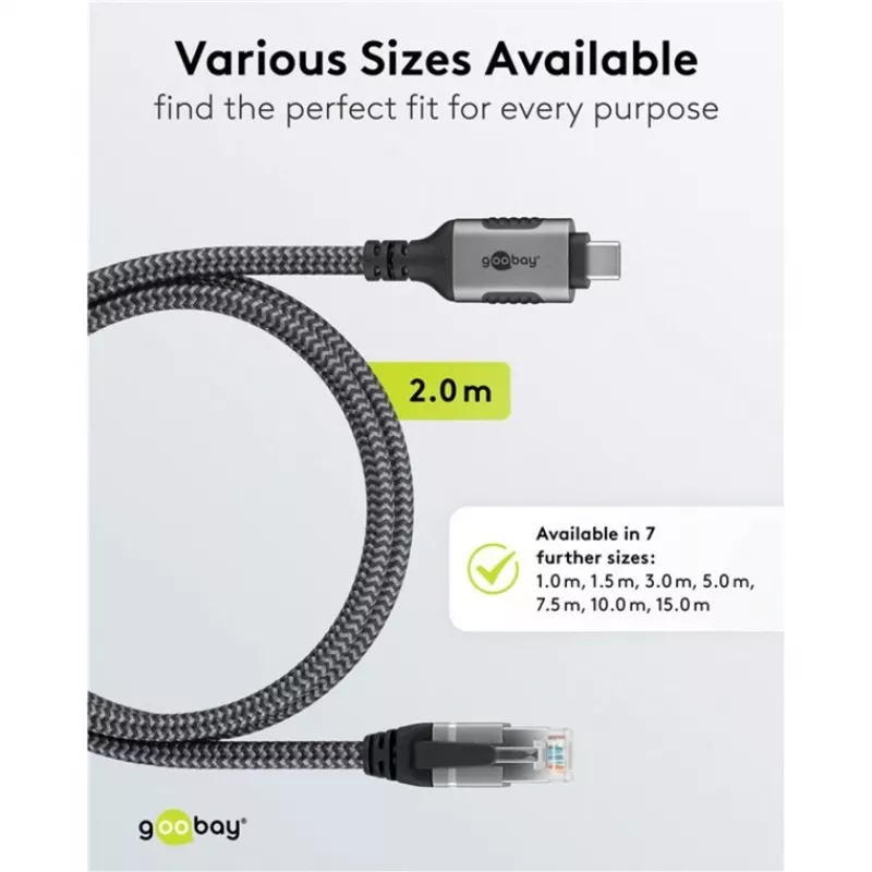 Ethernet kabelis USB-C 3.2 Gen2 kištukas > RJ-45 kištukas, LAN adapteris juodas/sidabrinis, 2 m, pintas tekstilinis apvalkalas