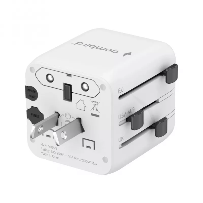 Universalus kelioninis adapteris GEMBIRD TPA-INT-01-W, įvadas 100–250V, G tipo kištukas, 84×56×85 mm