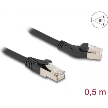 Tinklo kabelis DeLOCK RJ45 Cat.6A S/FTP 45° kairėn lenktas iki tiesaus 0,5 m juodas