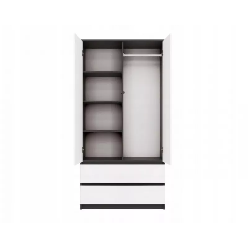 Spinta MALWA SS-90, 90×180×50 cm, antracitinis rėmas, balti varstomi durys, 2 stalčiai, laminatas 16 mm