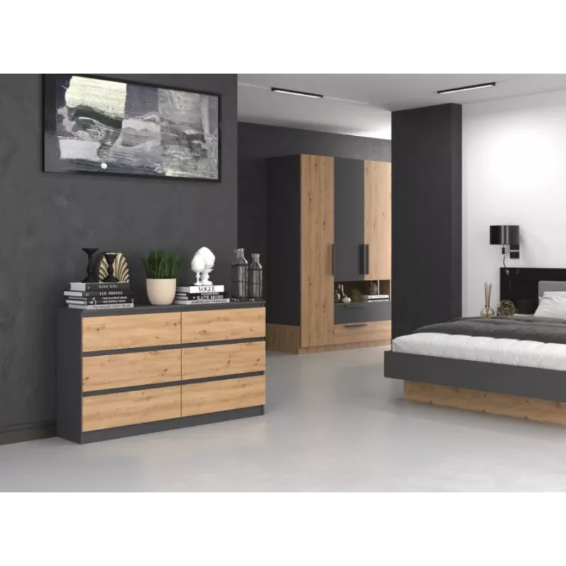 Komoda Top e Shop M6 140 ANT/ART, 6 stalčių, antracitinis ąžuolas, 1380×750×400 mm