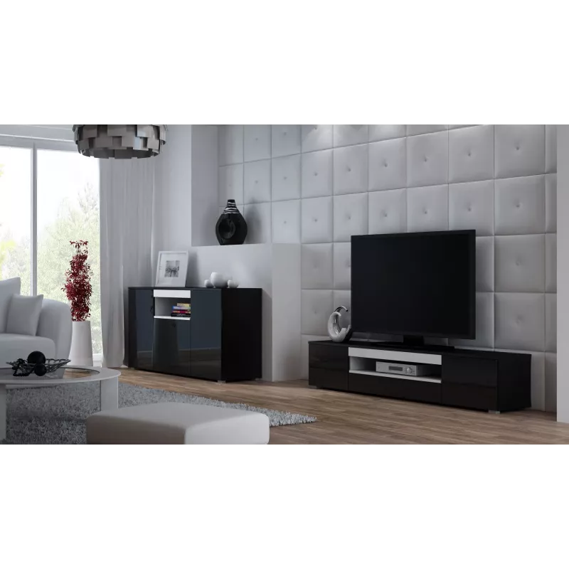 Cama Meble VIVA 180 TV komoda, juoda/juoda blizgi + balta