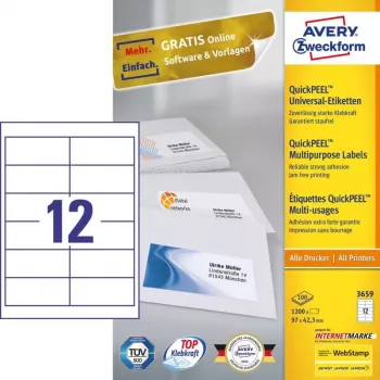 Avery 3659 lipnūs etikečių lapai, stačiakampiai, nuolatiniai, balti, 1200 vnt.