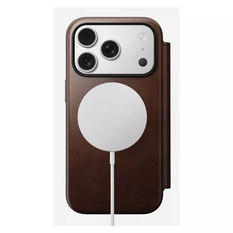 Mobilaus telefono dėklas Nomad Modern Leather Folio, skirtas iPhone 17 Pro, oda/aliuminis, 16 cm (6,3 inch), rudas, 4 kortelių kišenės