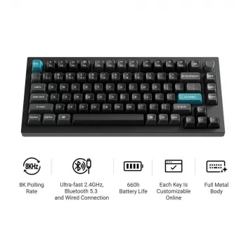 Mechaninė klaviatūra Keychron Q1 Ultra 8K — 75% forma, USB + RF belaidis + Bluetooth, RGB LED, juoda
