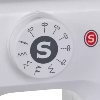 Pusiau automatinė siuvimo mašina SINGER M1005 — 11 siūlių, 4 mm dygsnio plotis, viršutinė drop-in ritė, laisva rankovė, 2,5 kg