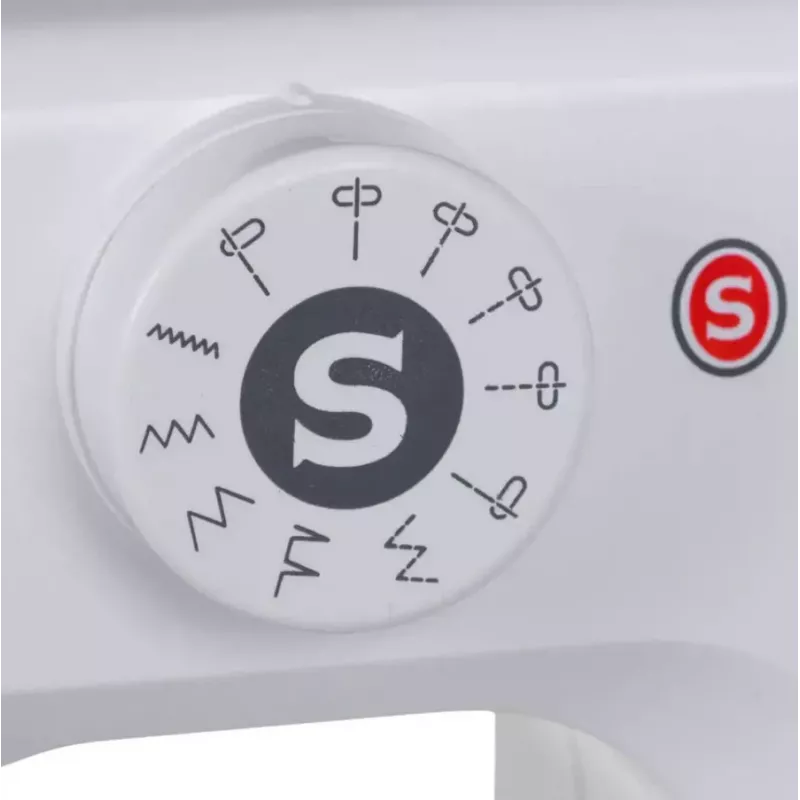 Pusiau automatinė siuvimo mašina SINGER M1005 — 11 siūlių, 4 mm dygsnio plotis, viršutinė drop-in ritė, laisva rankovė, 2,5 kg