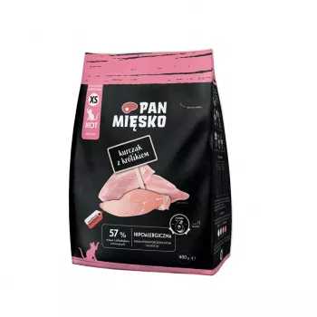 Sausas kačių maistas Pan Miesko Vištiena su Triušiu XS 400 g — Junior, Maža veislė, 39% Baltymų, 16% Riebalų