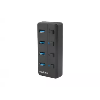 USB šakotuvas NATEC MANTIS USB 2.0 Type-B – 4x USB 3.2 Gen 1 Type-A prievadai, juodas, 0,8 m laidas, maitinimo adapteris, maitinimo jungiklis
