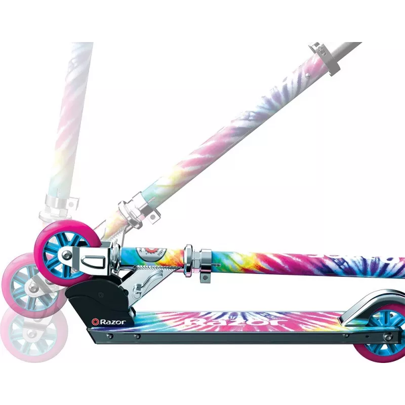 Vaikiškas paspirtukas Razor A Tie-Dye – aliumininis sulankstomas 2 ratų paspirtukas, reguliuojamas vairas, ABEC-5, maks. apkrova 65 kg
